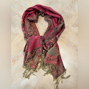 Pashmina Scarf Shawl Fringed Edges 28”x 70” Gold Burgundy Floral/peacock Print